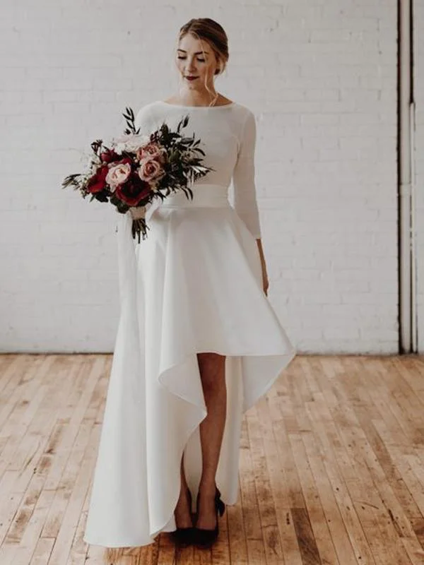 Long Sleeves Hi-low Jersey Wedding Dresses, Simple Design Bridal Gown Parisian Effortless Chic Style