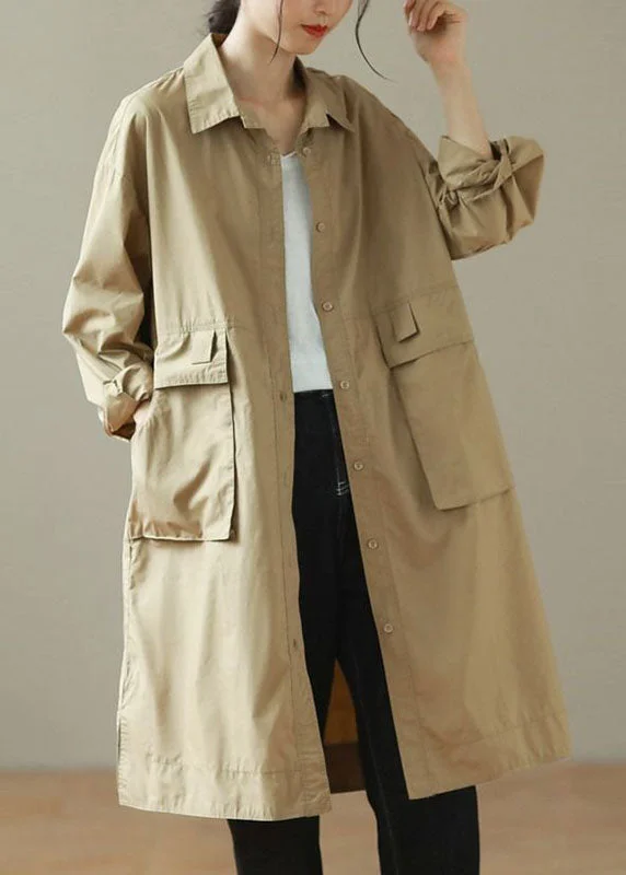 Fashion Khaki Peter Pan Collar Mid Trench Coats Long Sleeve Flash Sale