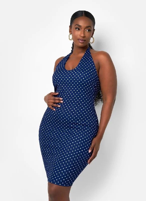 Holly Polka Dot Halter Midi Bodycon Dress - Navy & White Seasonal Sale