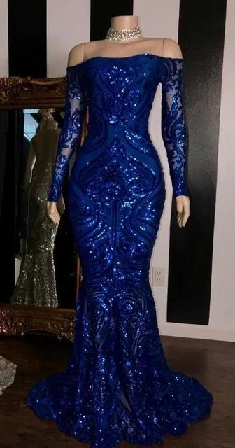 Sparkly Sequined Mermaid Prom Dresses Royal Blue Long Sleeve Graduation Formal Dress Evening Gowns  cg7945 Elegant Contour