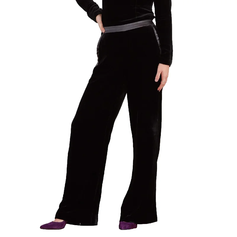 J. Peterman Women's Satin Trim Velvet Straight Leg Pants - Black Art Deco Geometric Pattern Look