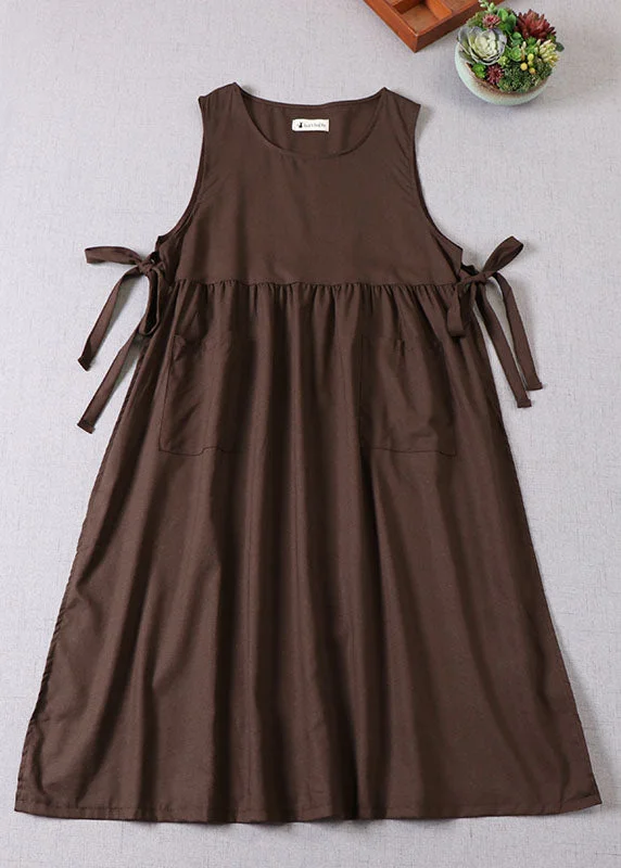 Stylish Chocolate Bow Patchwork Pockets Dress Sleeveless Today Only