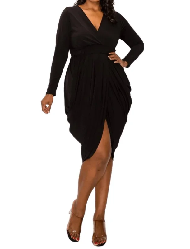 Wrap Style Draped Midi Dress In Black Seasonal Sale