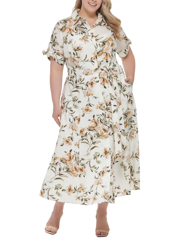 Plus Womens Floral Print Cotton Shirtdress Chic Urban Fashion Look