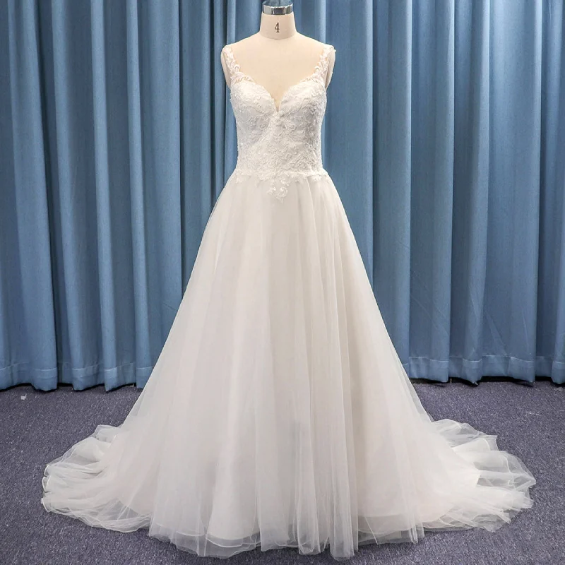 Tank Top V-neck Tulle A-line Bridal Gowns Wedding Dresses Mid - Season Sale