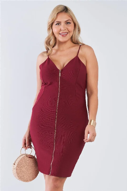 Junior Plus Size Burgundy V-Neck Zip Up Bodycon Midi Dress /2-2-2 Art Deco Geometric Pattern Look