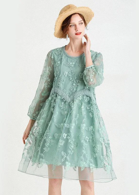 Chic Green O-Neck Tulle A Line Fall Lace Long Sleeve Mid Dress Buy More, Save More