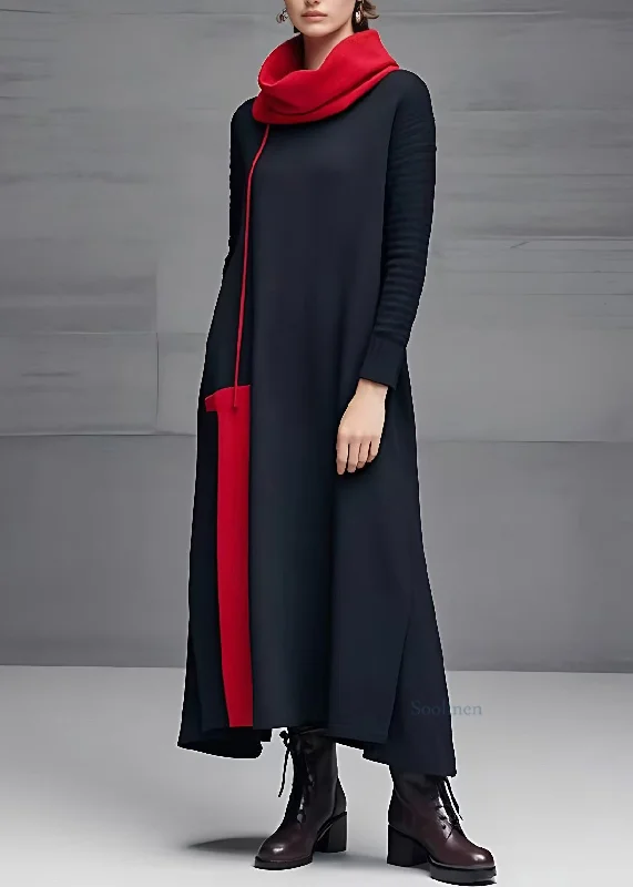 Casual Black Turtleneck Long Dresses Long Sleeve Flash Sale