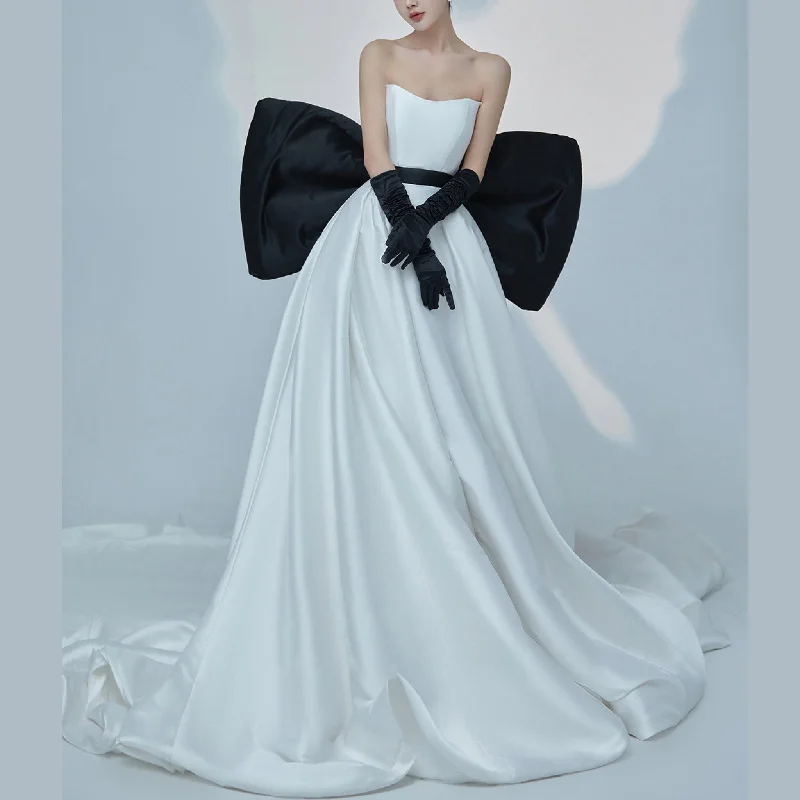 Elegant A-Line Strapless Satin Wedding Dress with Black Bowknot Great Deals On Ethnic Cultural Wear