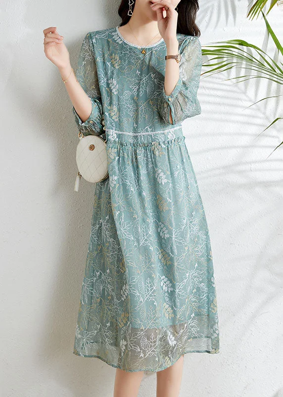 Chic Grey Blue Hollow Out Embroideried Silk Dress Long Sleeve Fashion Sale