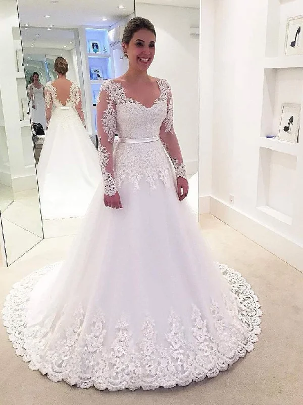 Long Sleeves V-neck Long Sleeves Lace Tulle Wedding Dresses Spring Fashion