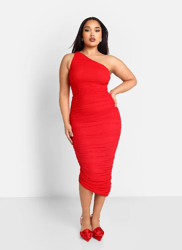 Paris Mesh One Shoulder Asymmetrical Midi Bodycon Dress - Cherry Budget-Friendly Fashion