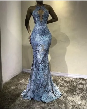 Unique Halter Top See Through Lace Prom Dress Mermaid Evening Gowns cg2190 Mid - Season Sale