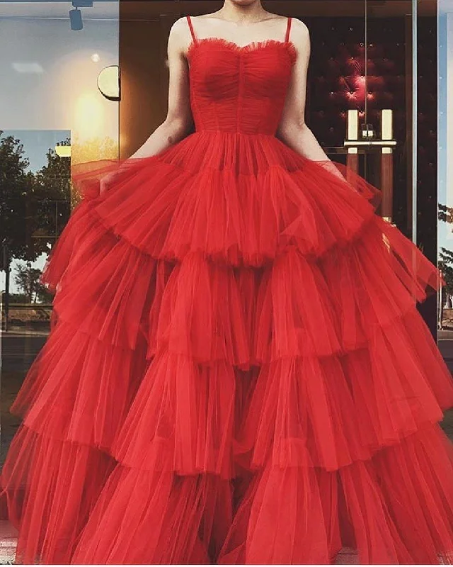 A-line Red Tulle Multi-layered Prom Dress,Red Formal Gown Y3064 Feminine Soft - Hued Look