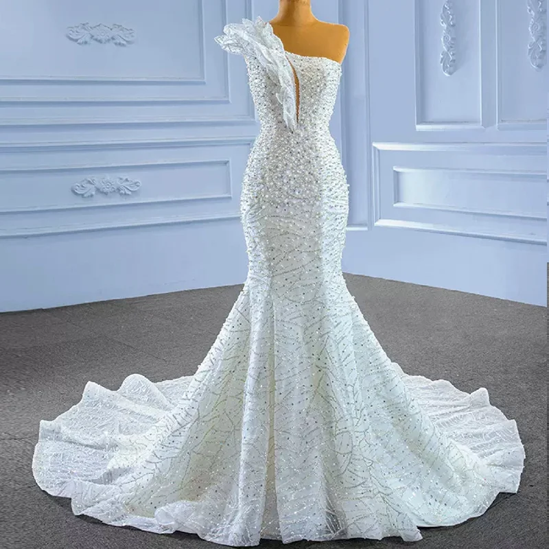 Sparkly Mermaid Sequins Beading Wedding Dress with One Shoulder Now On Sale For Chic Urban Styles