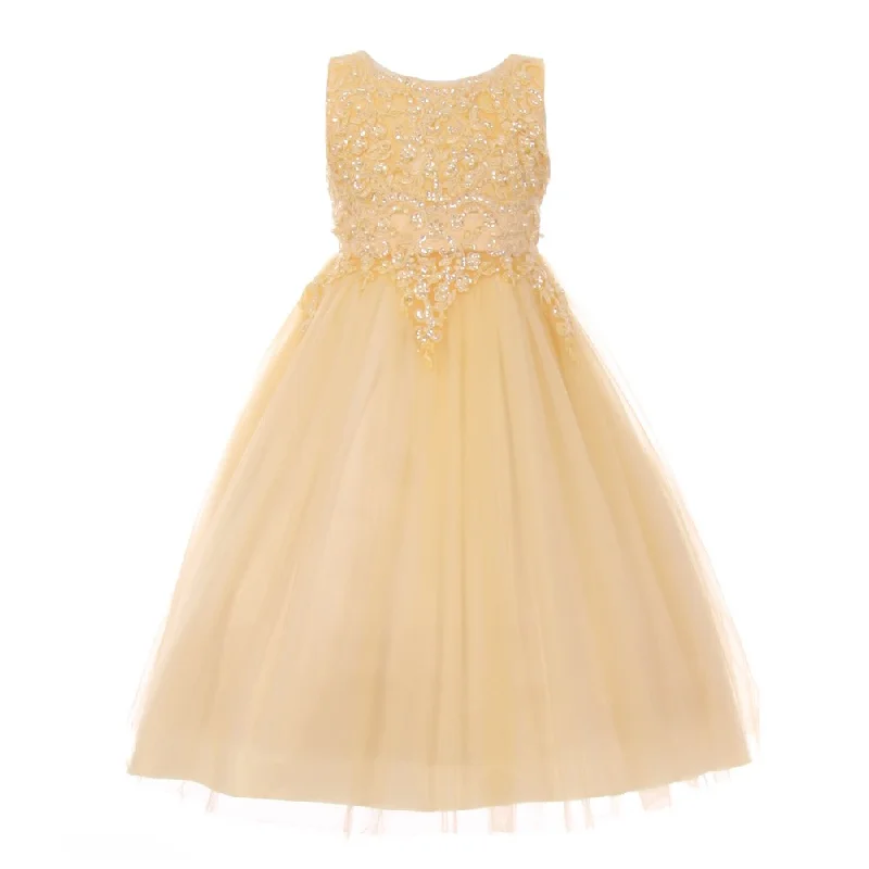 Little Girls Champagne Pearl Sequin Adorned Satin Tulle Flower Girl Dress 4-6 Ethnic Cultural Event Wear