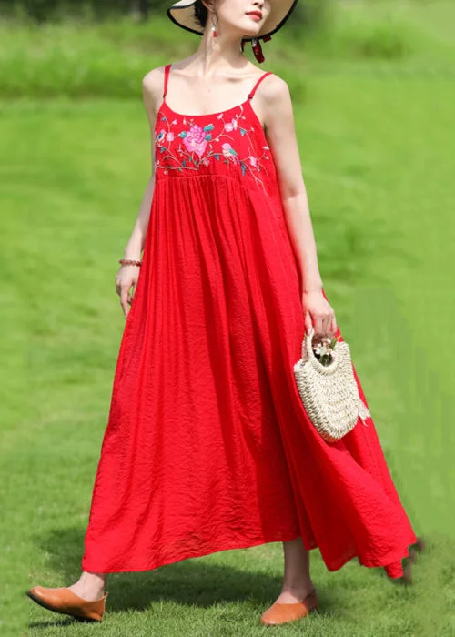 Red Wrinkled Patchwork Cotton Spaghetti Strap Dress Embroideried Sleeveless Lighten Up With Nordic Styles