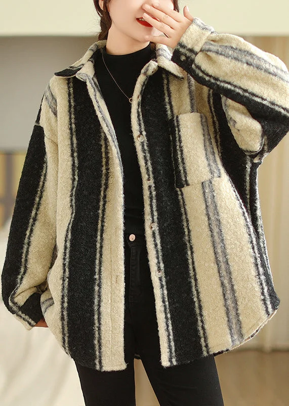 French Striped Peter Pan Collar Button Woolen Coat Long Sleeve Fashion Deal