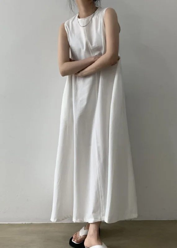 White Patchwork Loose Solid Long Dress Sleeveless Lighten Up With Nordic Styles