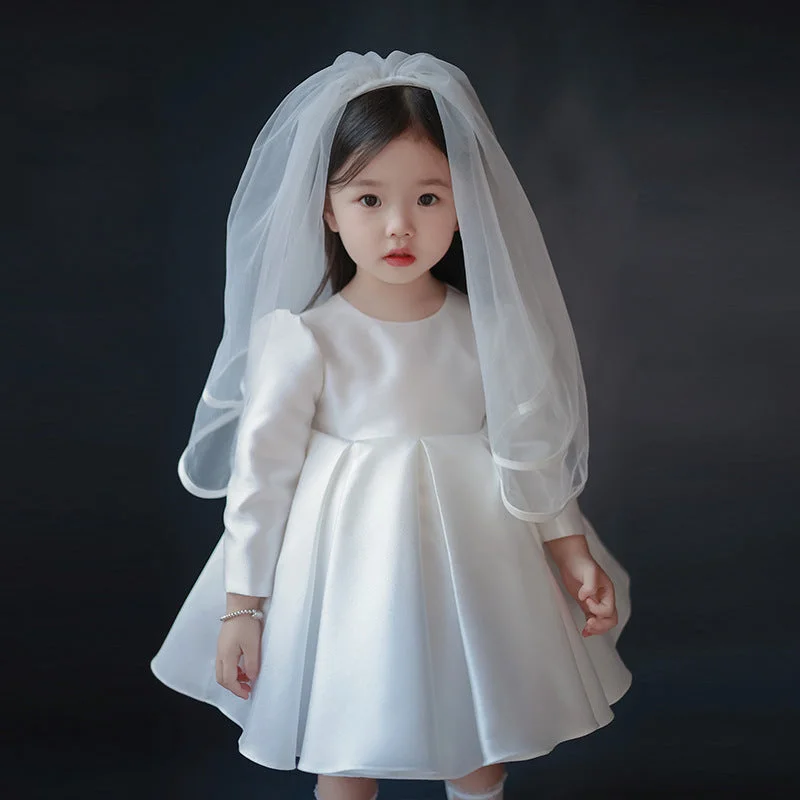 Cute Baby White Satin Long-sleeved One-year-old Princess Dress Toddler Christening Dress Great Prices On Feminine Styles