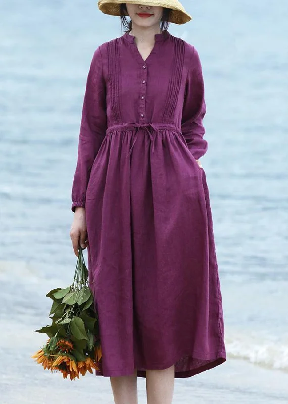 DIY purple linen dresses long sleeve Dresses v neck Dresses Special Offer