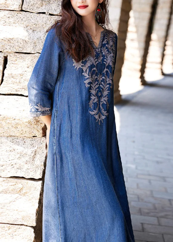 Handmade Blue V Neck Embroidered Silk Cotton Long Denim Dress Long Sleeve Spring Fling Sale