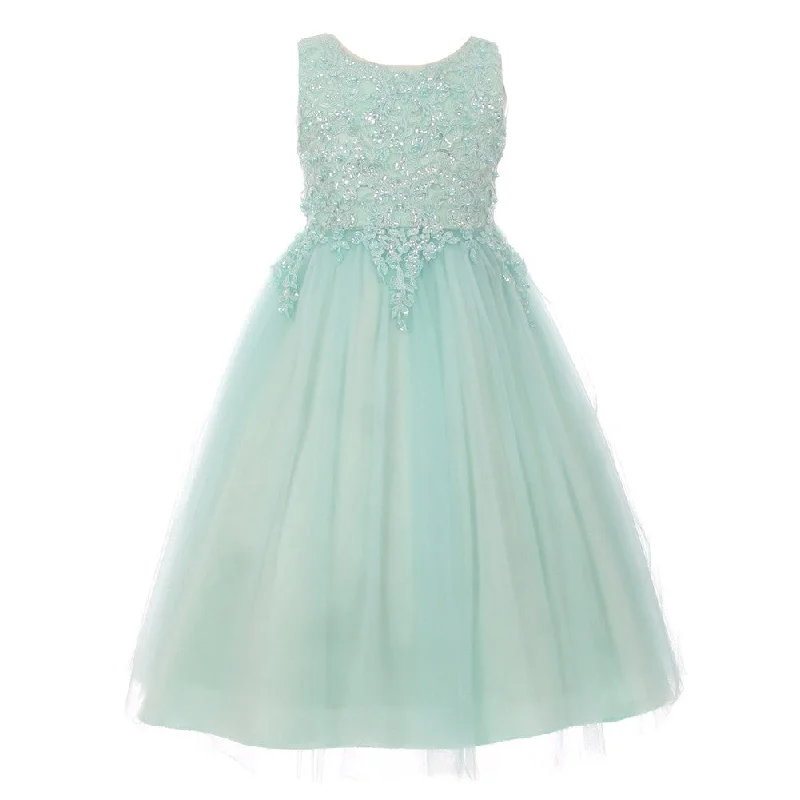 Little Girls Mint Sparkle Pearl Sequin Satin Tulle Flower Girl Dress 4-6 Cottagecore Rustic Charm Style