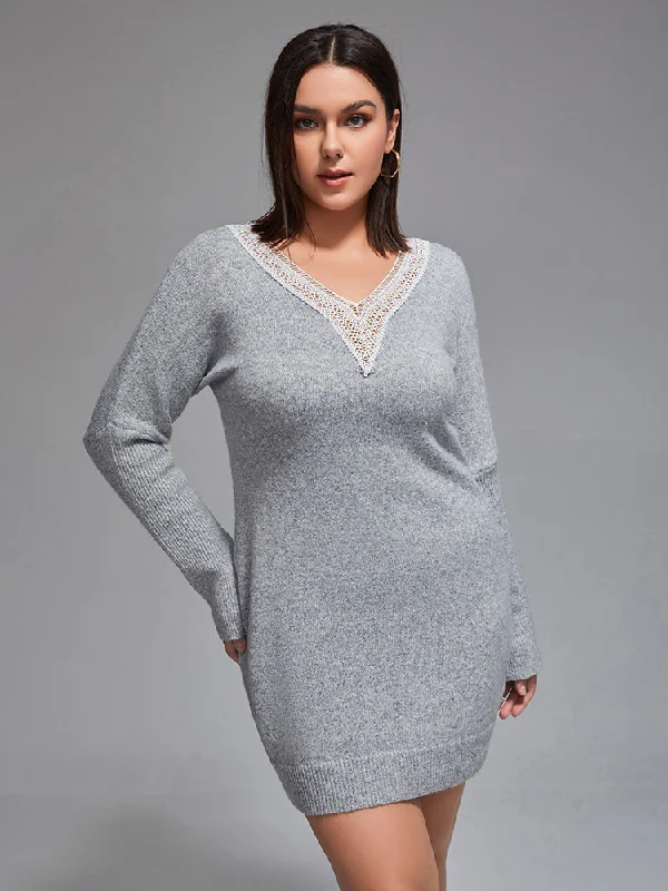 Plus Lace Panel Bodycon Sweater Dress Feminine Soft - Hued Look