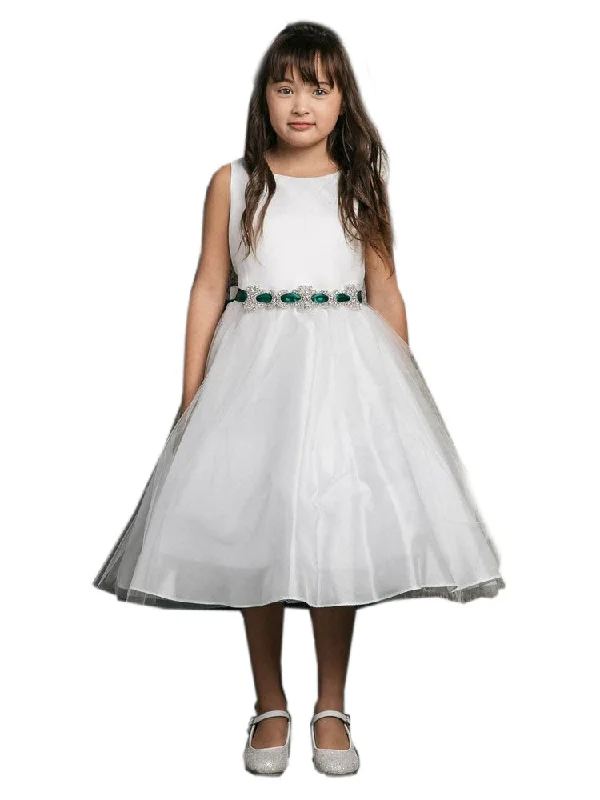 Girls Ivory Emerald Rhinestone Satin Tape Sash Waist Dress 2-6 Flash Deals