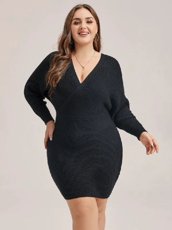 Solid V-Neck Bodycon Sweater Dress Classic Timeless Elegant Style