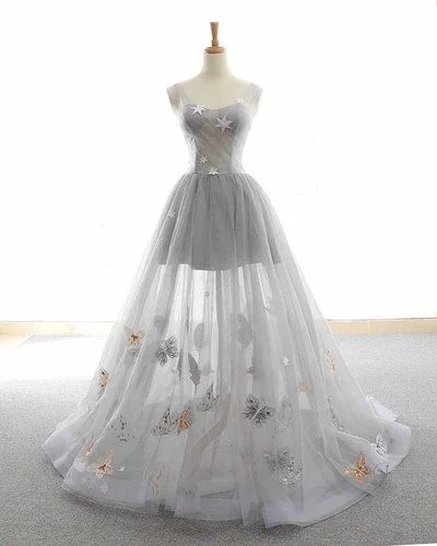 Cute Tulle Lace Prom Dress, Long Evening Gowns,Gray tulle sparkly Long customize Prom dress cg3479 Boho - Chic Festival - Ready Style