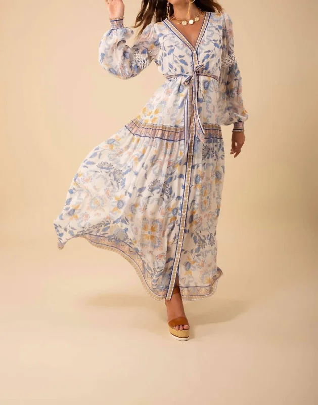 Georgette Maxi In White And Blue Floral Lightweight Fabric