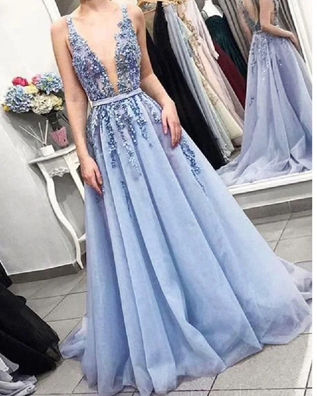 Siaoryne PL2011 Pale cornflower blue Plunge V Neck Lace Flwoers 2024 Long Prom Dress Women Evening Formal Gowns Save On Inspired Styles