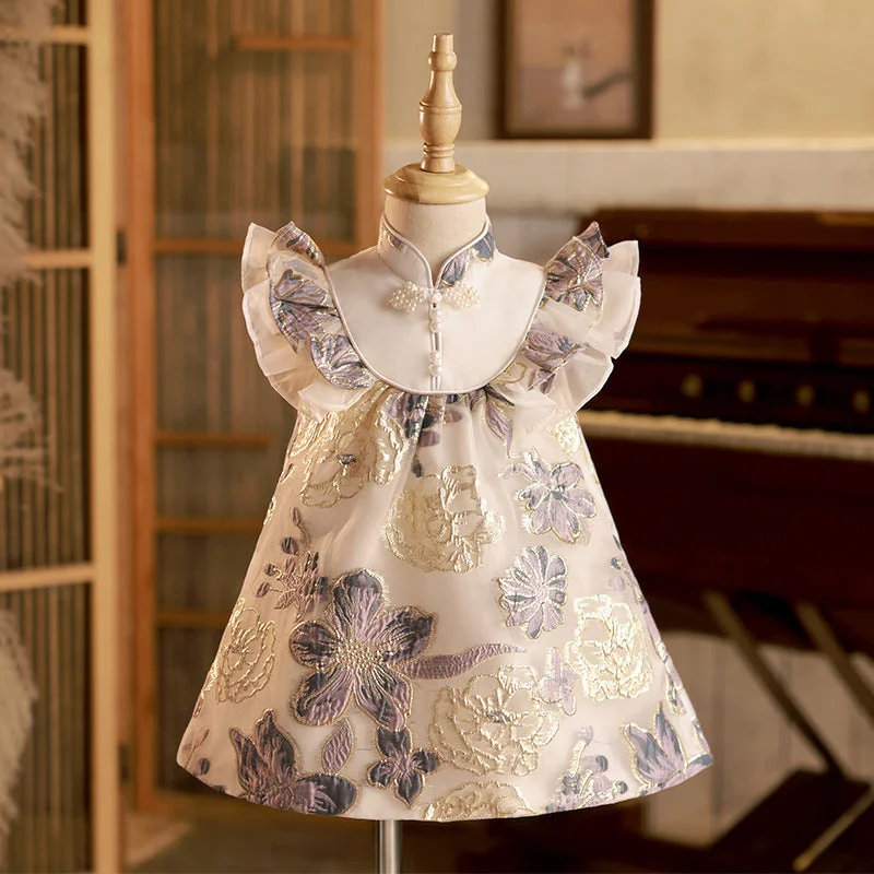 Elegant Baby Satin Jacquard Butterfly Sleeve Princess Dress Toddler Girls Pageant Dresses Limited Styles