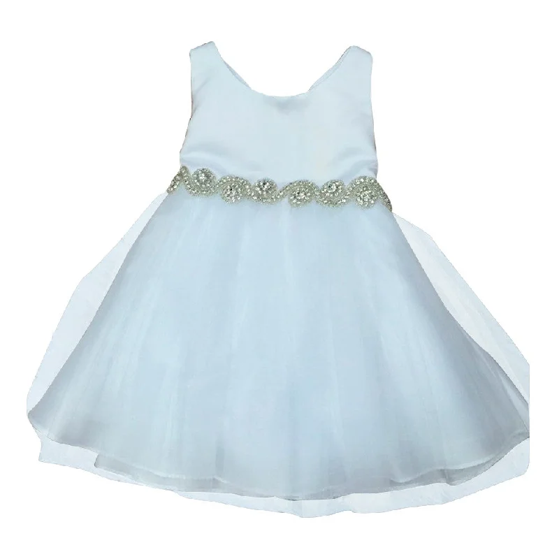 Baby Girls White Satin Tulle Rhinestone Flower Girl Dress 6-24M Feminine Soft - Hued Styles