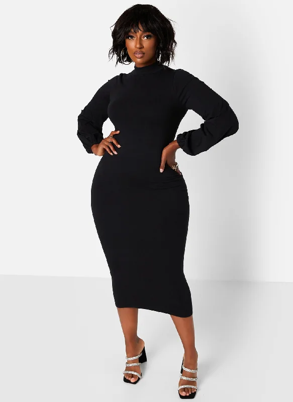 Turtleneck Cotton Puff Sleeves Bodycon Midi Dress Fashion-Forward Style