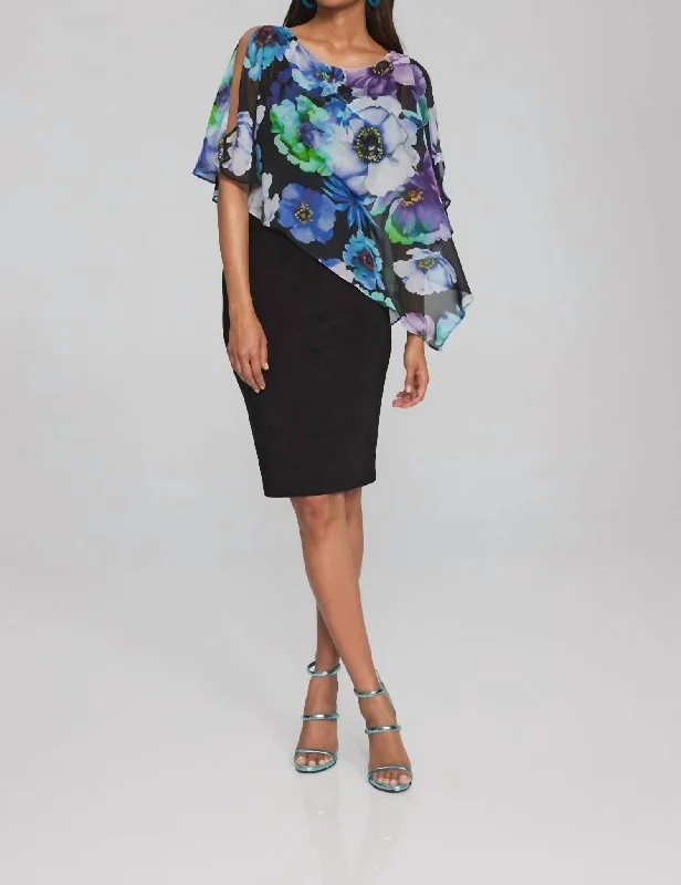 Floral Print Chiffon And Silky Knit Dress In Black Multi Big Savings On Minimalist Office Styles