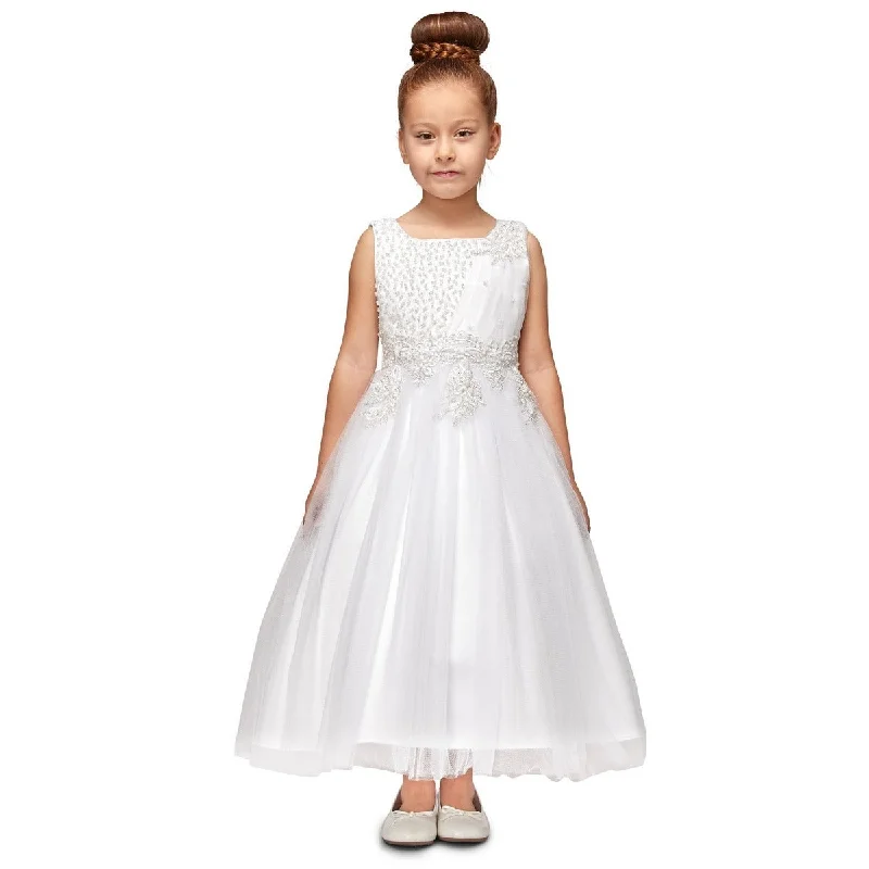 Little Girls White Pearl Bead Coiled Lace Satin Tulle Flower Girl Dress 4-6 Beat The Heat In Tropical Styles