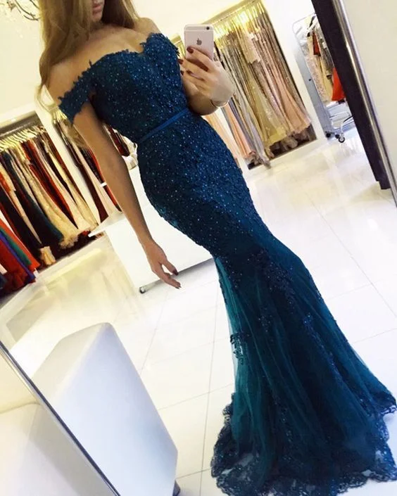 Elegant navy blue lace prom dresses mermaid off the shoulder evening gown pearl beaded    cg18606 Last Chance Sale