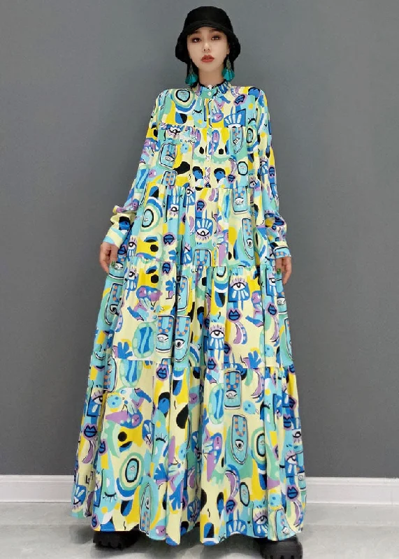 Blue Print Patchwork Cotton A Line Long Dress Stand Collar Long Sleeve Beat The Heat In Tropical Styles