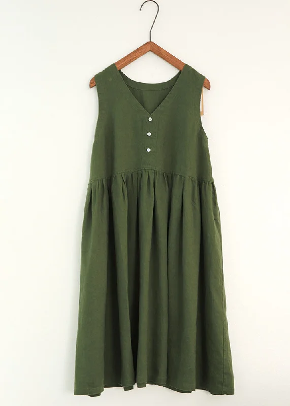 Green Patchwork Linen Dresses V Neck Wrinkled Sleeveless Disco - Inspired Retro Dance Look