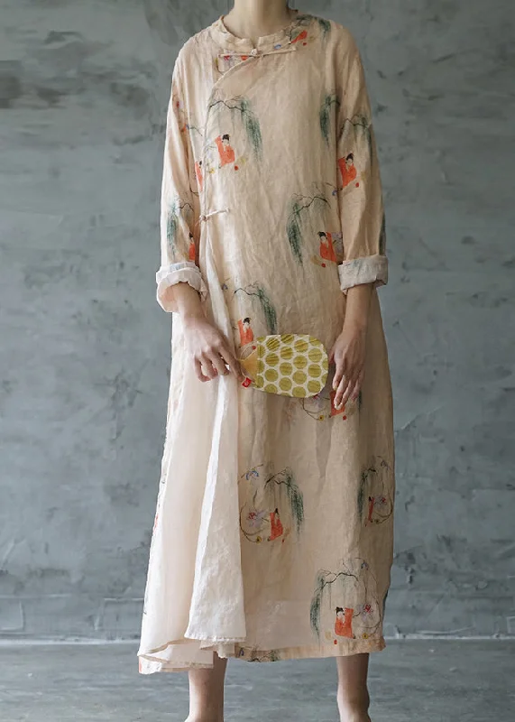 Beautiful Light Pink Mandarin Collar Print Patchwork Linen Long Dress Long Sleeve Fashion Sale