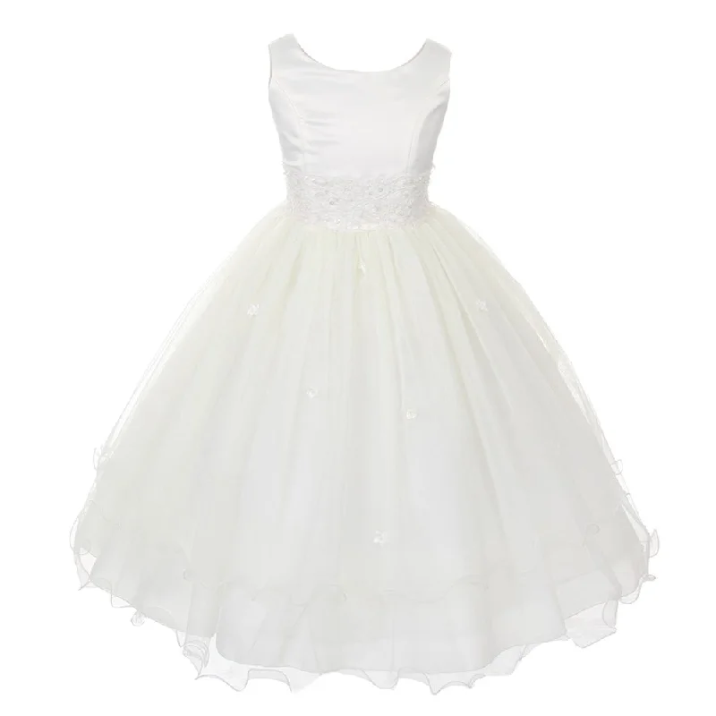 Little Girls Ivory Satin Lace Beadwork Flower Girl Dress 2-6 Feminine Grace