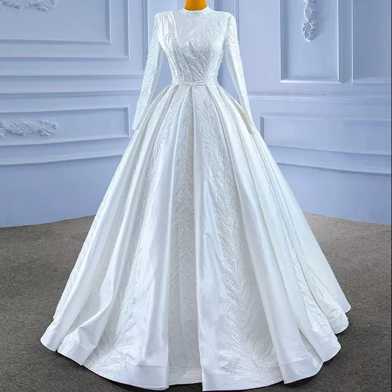 Long Sleeve Beaded Satin Muslim Wedding Dress with High Neck Beat The Heat In Tropical Styles