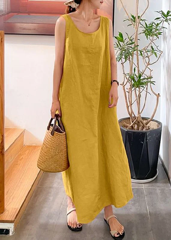 Modern Yellow O-Neck Slim Fit Cotton Long Dresses Sleeveless Spring Fling Sale