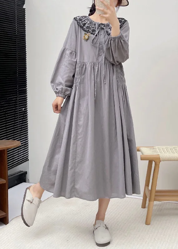 Simple Grey Peter Pan Collar Patchwork Wrinkled Vacation Long Dresses Long Sleeve Parisian Effortless Chic Style