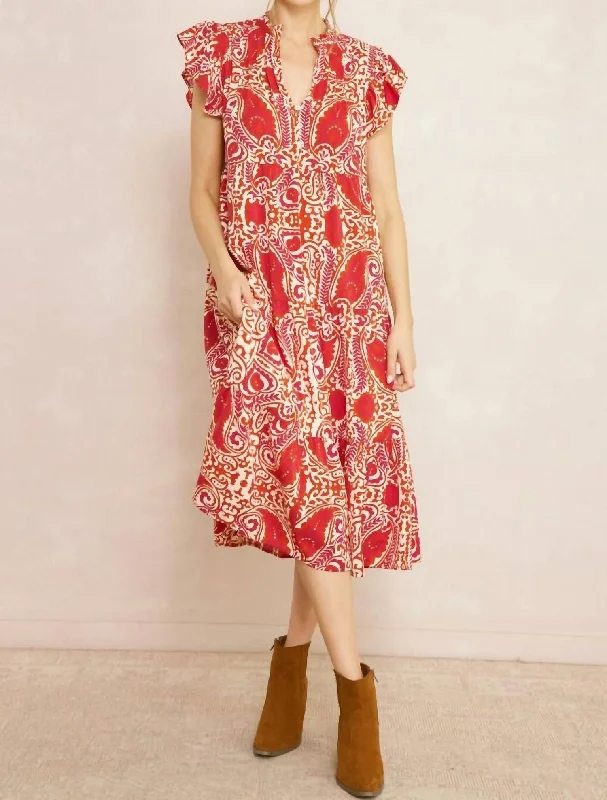 Ruffled Midi Dress In Ruby Vintage Retro Party Wear