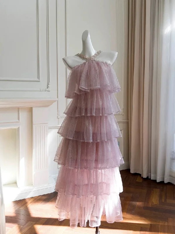 Modest Ball Gown Halter Ruffles Pink Long Length Prom Dress Formal Dresses C2250 Lighten Up With Nordic Styles