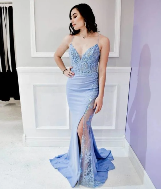 Sexy V-neck Spaghetti Straps Mermaid Prom Dress, Lace Slit Evening Gown    cg10909 Final Clearance