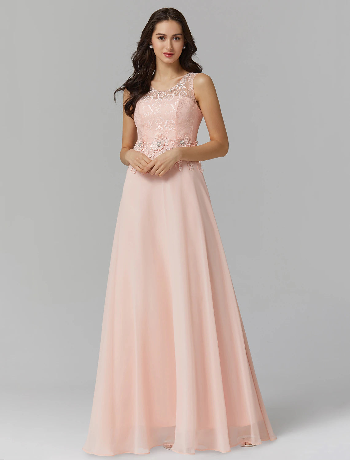 A-Line Empire Dress Wedding Guest Prom Floor Length Sleeveless Illusion Neck Bridesmaid Dress Chiffon with Beading Appliques Weekend Special